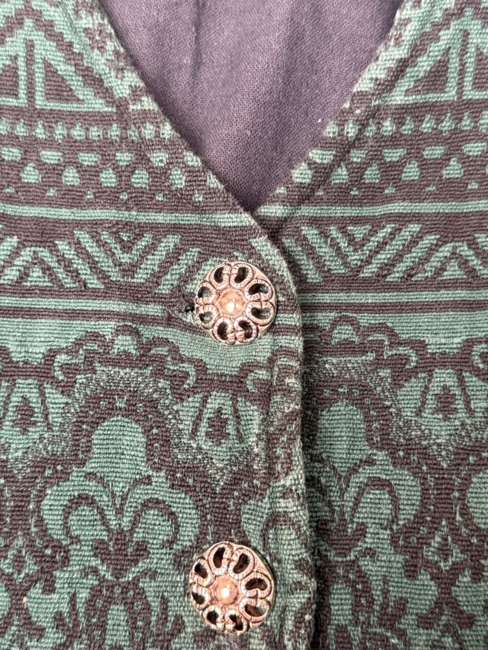 Vintage Tapestry Green Patterned V-Neck Button Vest - Picture 6 of 9